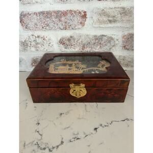 Vintage Chinoiserie Lacquered Rosewood Jewelry Box Hand Cut Cork Scene Window